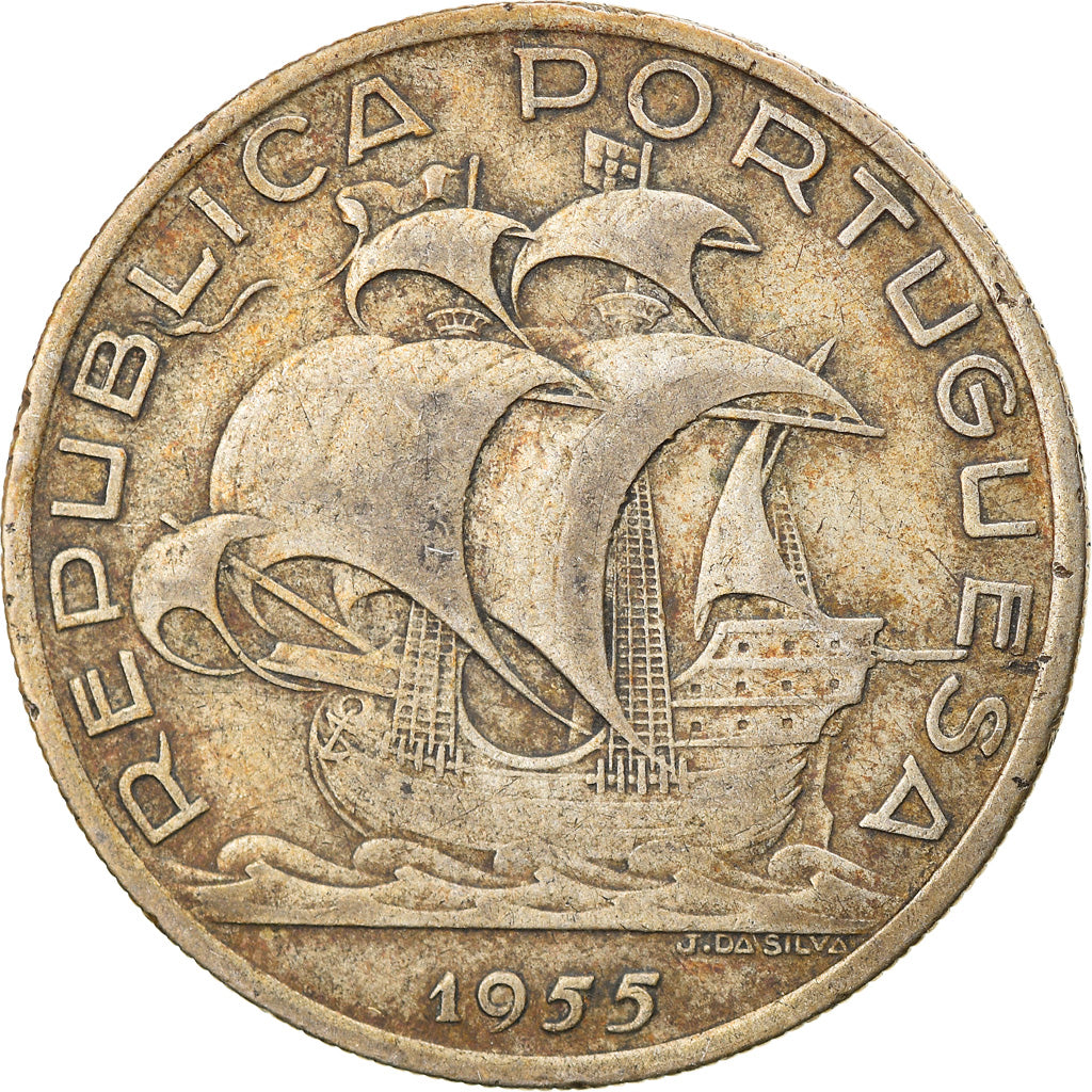Coin, Portugal, 10 Escudos, 1955, VF(30-35), Silver, KM:586