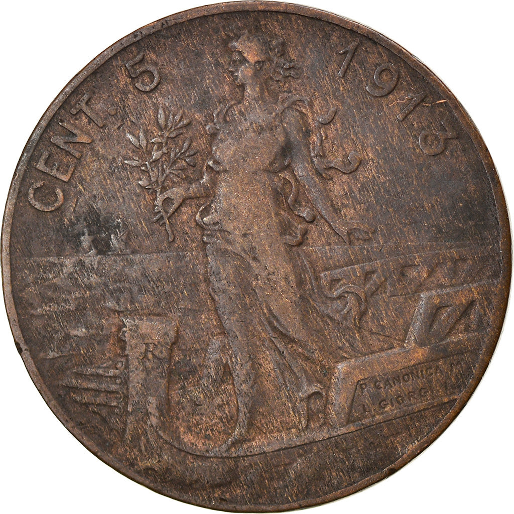 Coin, Italy, Vittorio Emanuele III, 5 Centesimi, 1913, Rome, VF(30-35), Bronze
