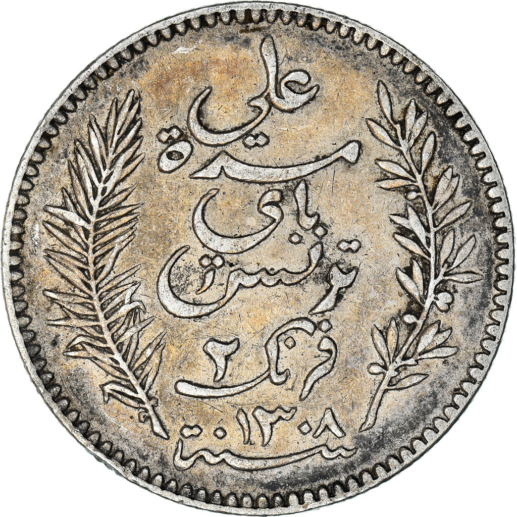 Coin, Tunisia, Ali Bey, 2 Francs, 1891, Paris, EF(40-45), Silver, KM:225