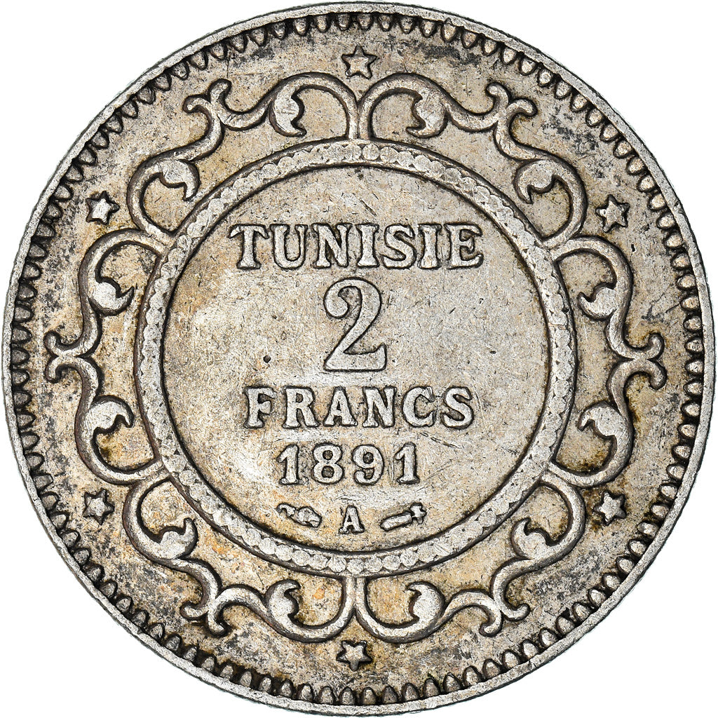 Coin, Tunisia, Ali Bey, 2 Francs, 1891, Paris, EF(40-45), Silver, KM:225