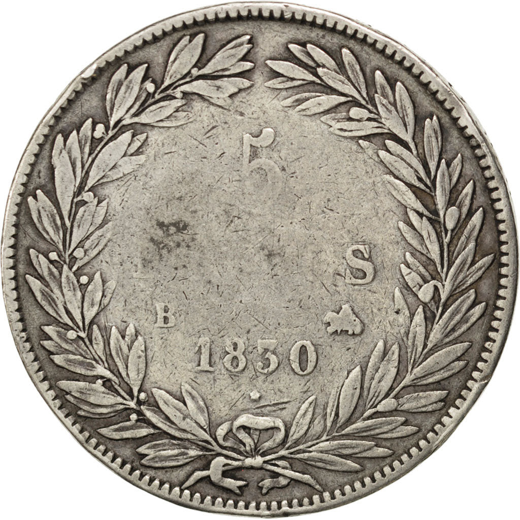 Louis-Philippe, 5 Francs tête nue 1830 B, Rouen, sans le I, KM 737.2