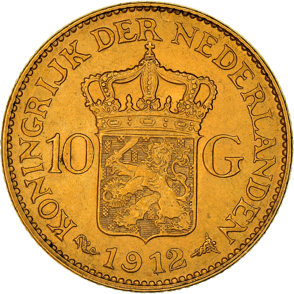Coin, Netherlands, Wilhelmina I, 10 Gulden, 1912, MS(60-62), Gold, KM:149