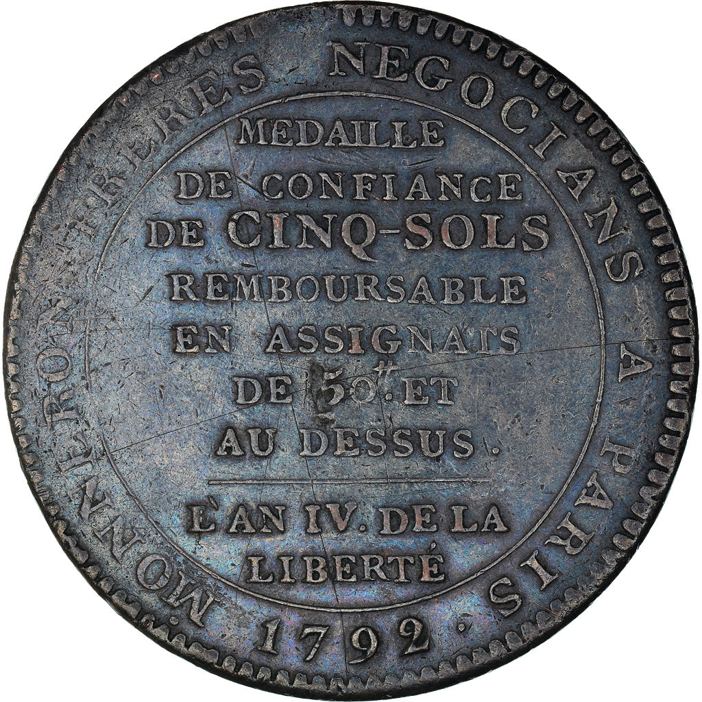 Coin, France, Monneron, 5 Sols, 1792, Paris, EF(40-45), Bronze