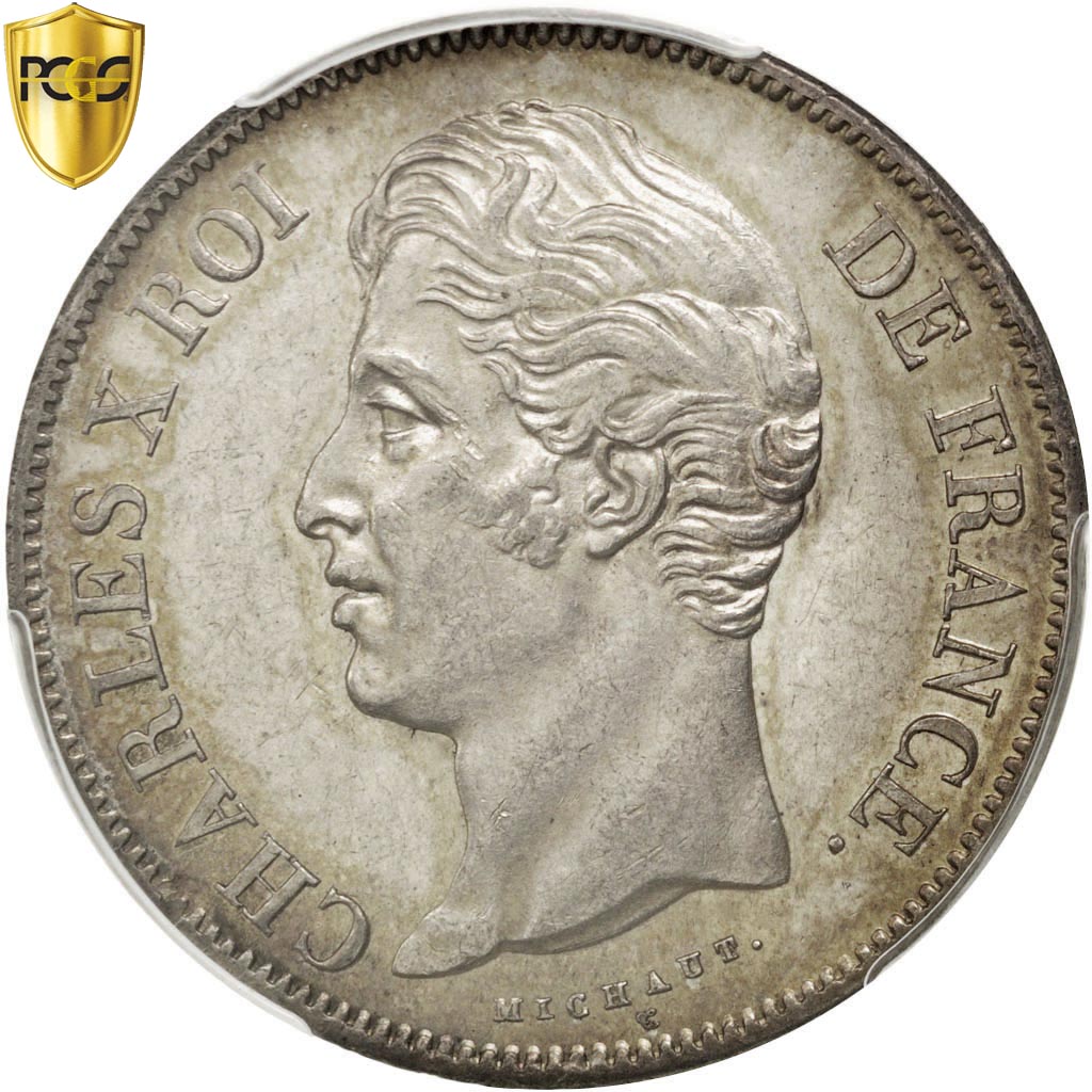 FRANCE, Charles X, 5 Francs, 1827, Paris, KM #728.1, graded, PCGS, MS(60-62),...