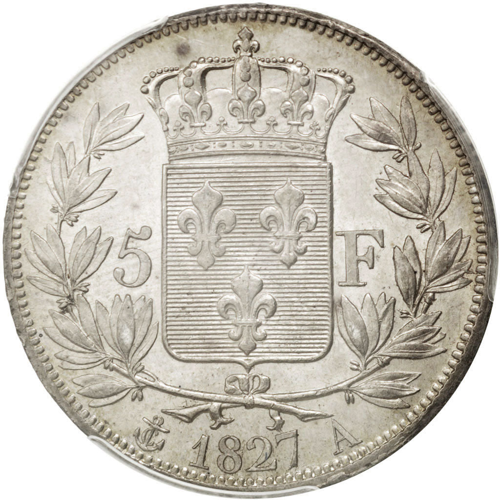 FRANCE, Charles X, 5 Francs, 1827, Paris, KM #728.1, graded, PCGS, MS(60-62),...