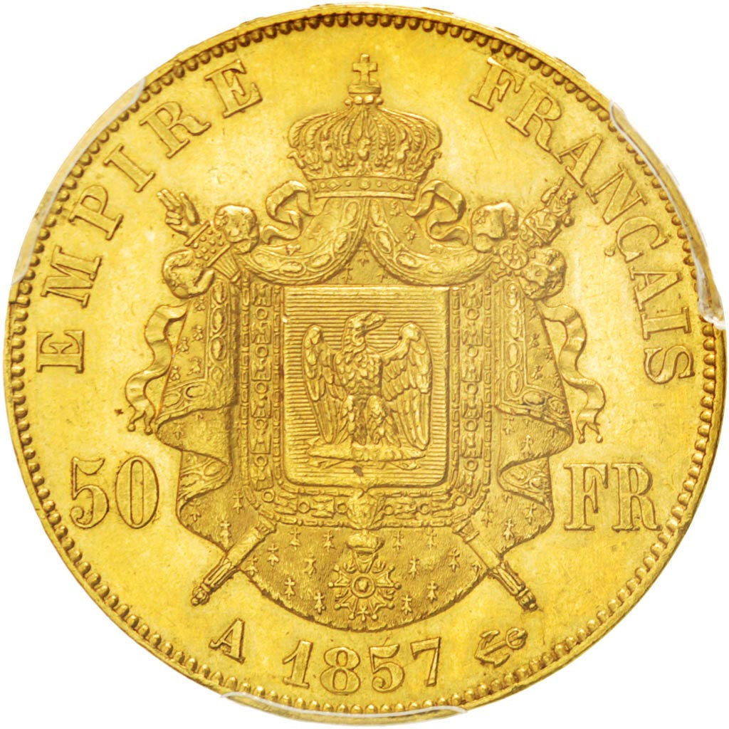 FRANCE, Napoléon III, 50 Francs, 1857, Paris, KM #785.1, graded, PCGS, MS(60-62)