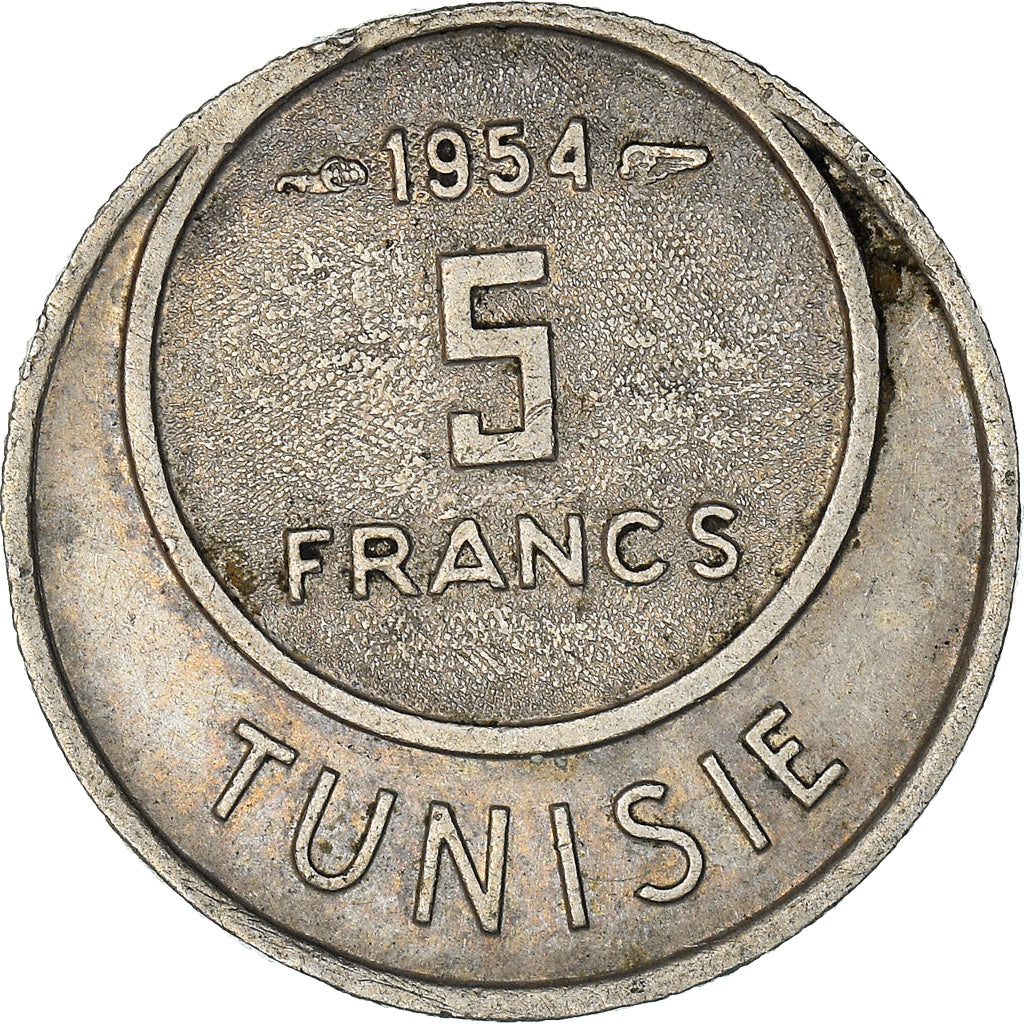 Coin, Tunisia, Muhammad al-Amin Bey, 5 Francs, AH1373 (1954), Paris, AU(50-53)