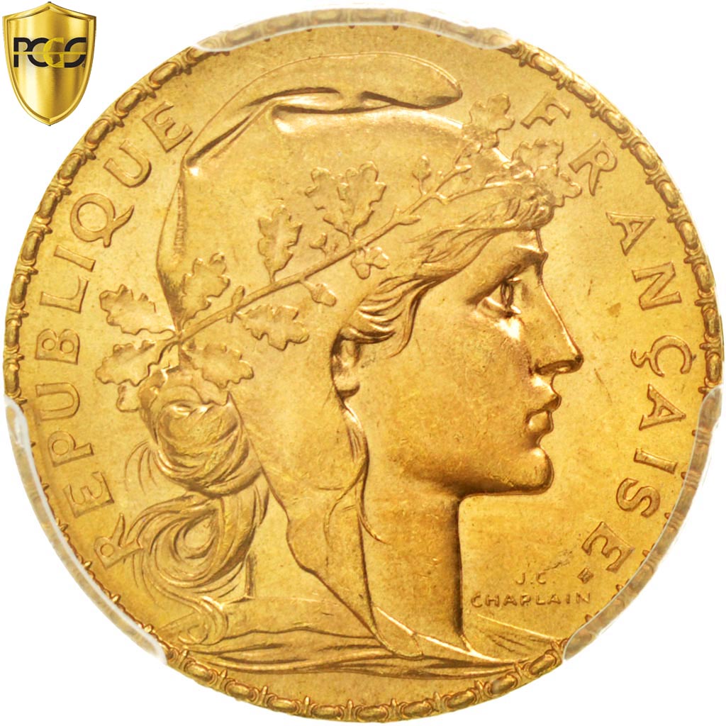 FRANCE, Marianne, 20 Francs, 1908, KM #857, graded, PCGS, MS(65-70), Gold,...