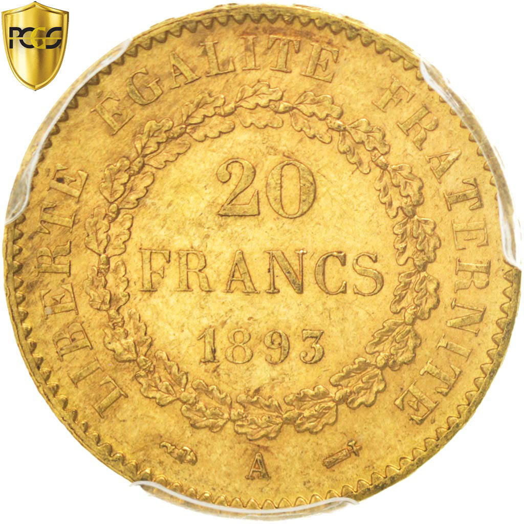 Coin, France, Génie, 20 Francs, 1893, Paris, PCGS, MS62, MS(60-62), Gold