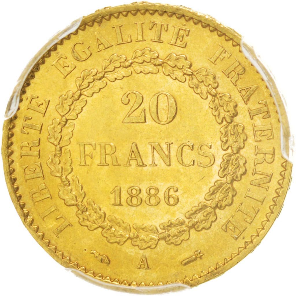 France, Génie, 20 Francs, 1886, Paris, Gold, KM:825, PCGS MS62
