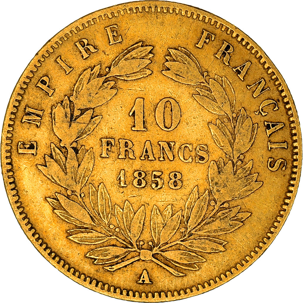 Moeda, França, Napoleon III, 10 Francs, 1858, Paris, VF(30-35), Dourado