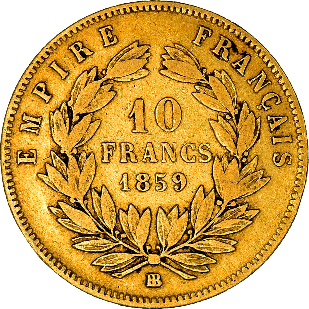 Moneta, Francia, Napoleon III, 10 Francs, 1859, Strasbourg, MB+, Oro, KM:784.4