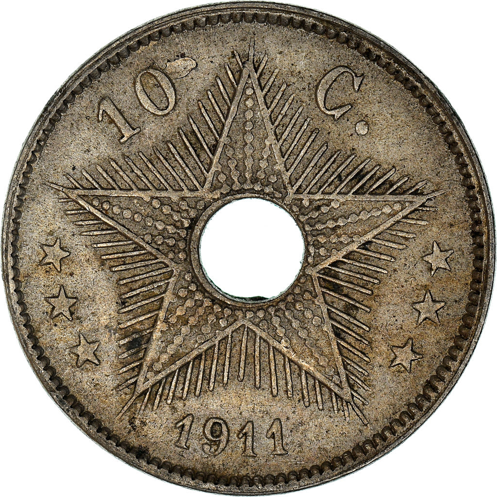 Moneta, Congo belga, 10 Centimes, 1911, Heaton, BB, Rame-nichel, KM:18