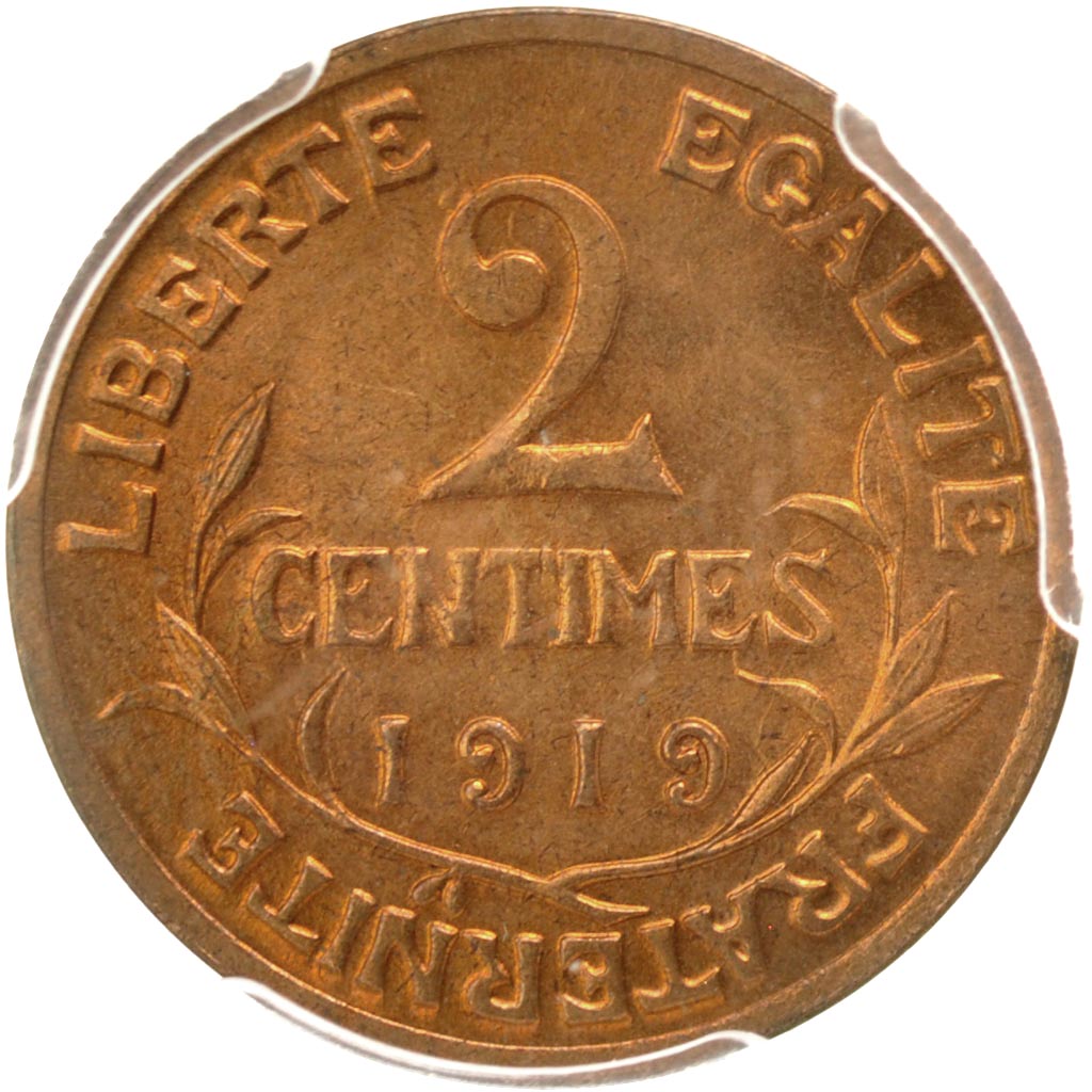 FRANCE, Dupuis, 2 Centimes, 1919, Paris, KM #841, graded, PCGS, MS(65-70),...