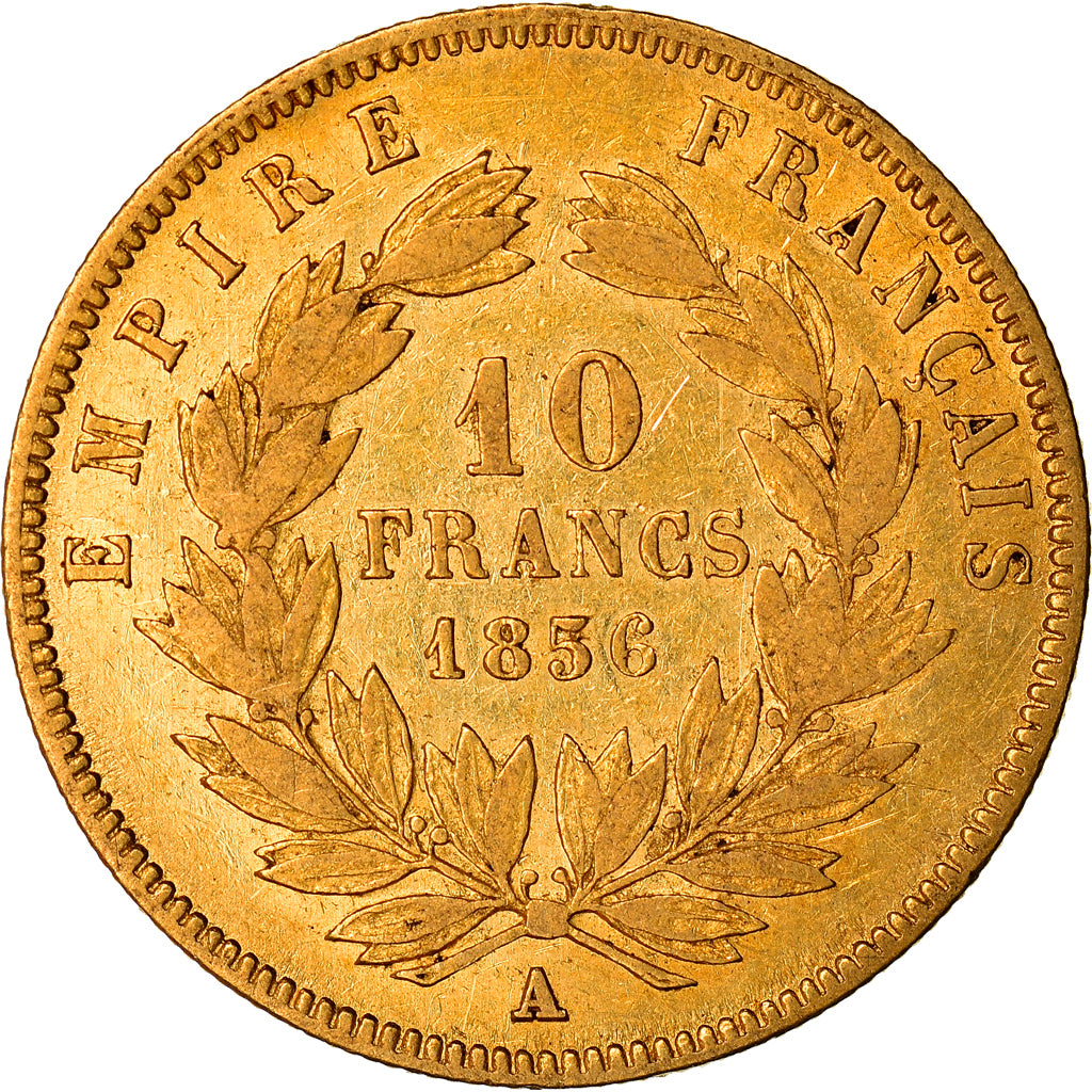 Moneda, Francia, Napoleon III, 10 Francs, 1856, Paris, BC+, Oro, KM:784.3