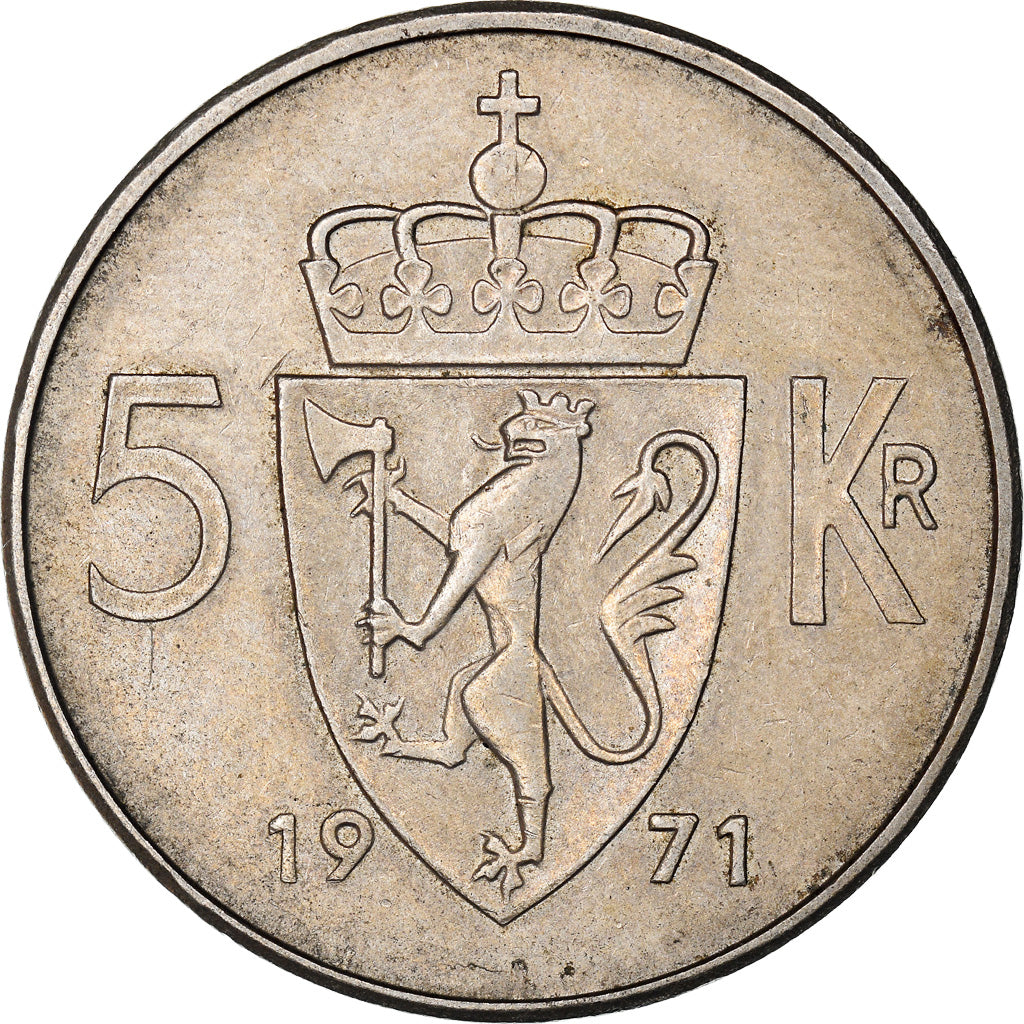 Coin, Norway, Olav V, 5 Kroner, 1971, AU(50-53), Copper-nickel, KM:412
