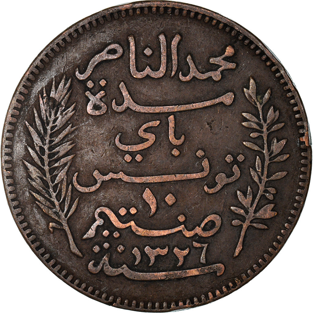 Moneda, Túnez, Muhammad al-Nasir Bey, 10 Centimes, 1908, Paris, MBC, Bronce