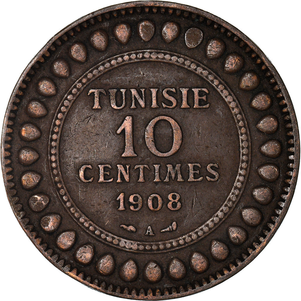 Moneda, Túnez, Muhammad al-Nasir Bey, 10 Centimes, 1908, Paris, MBC, Bronce