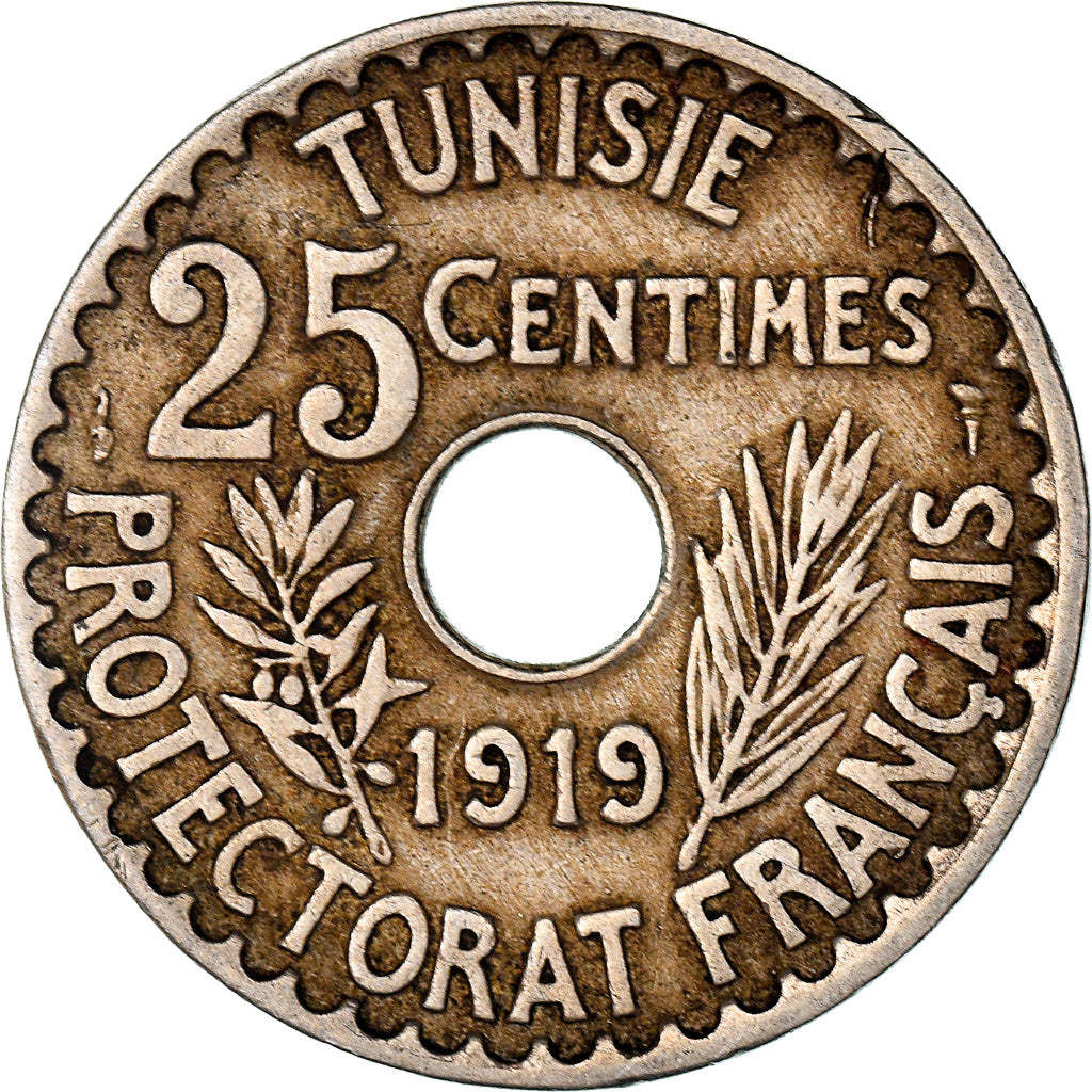 Moneda, Túnez, Muhammad al-Nasir Bey, 25 Centimes, 1919, Paris, MBC, Níquel -