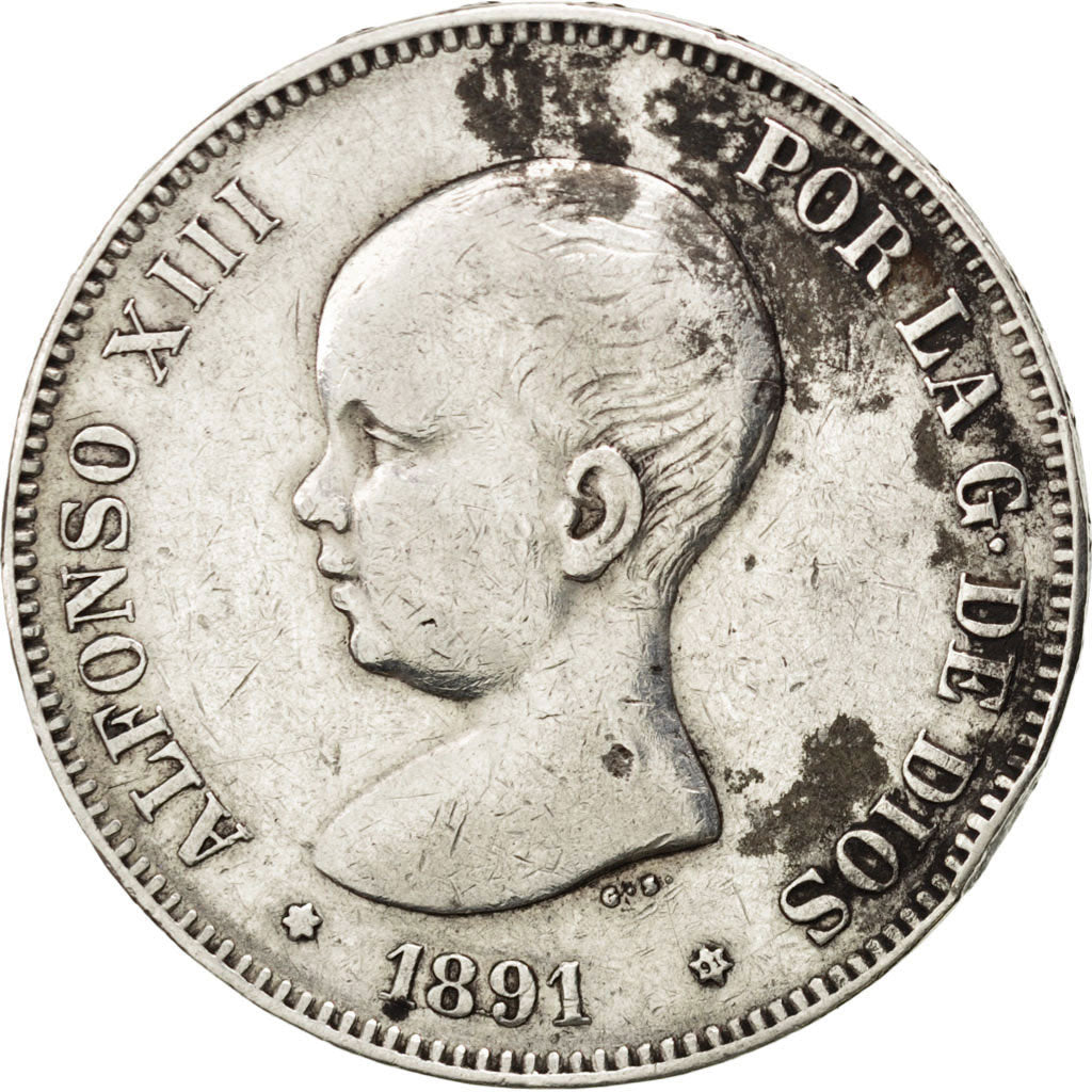 Coin, Spain, Alfonso XIII, 5 Pesetas, 1891, VF(30-35), Silver, KM:689