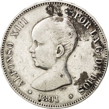 Coin, Spain, Alfonso XIII, 5 Pesetas, 1891, VF(30-35), Silver, KM:689