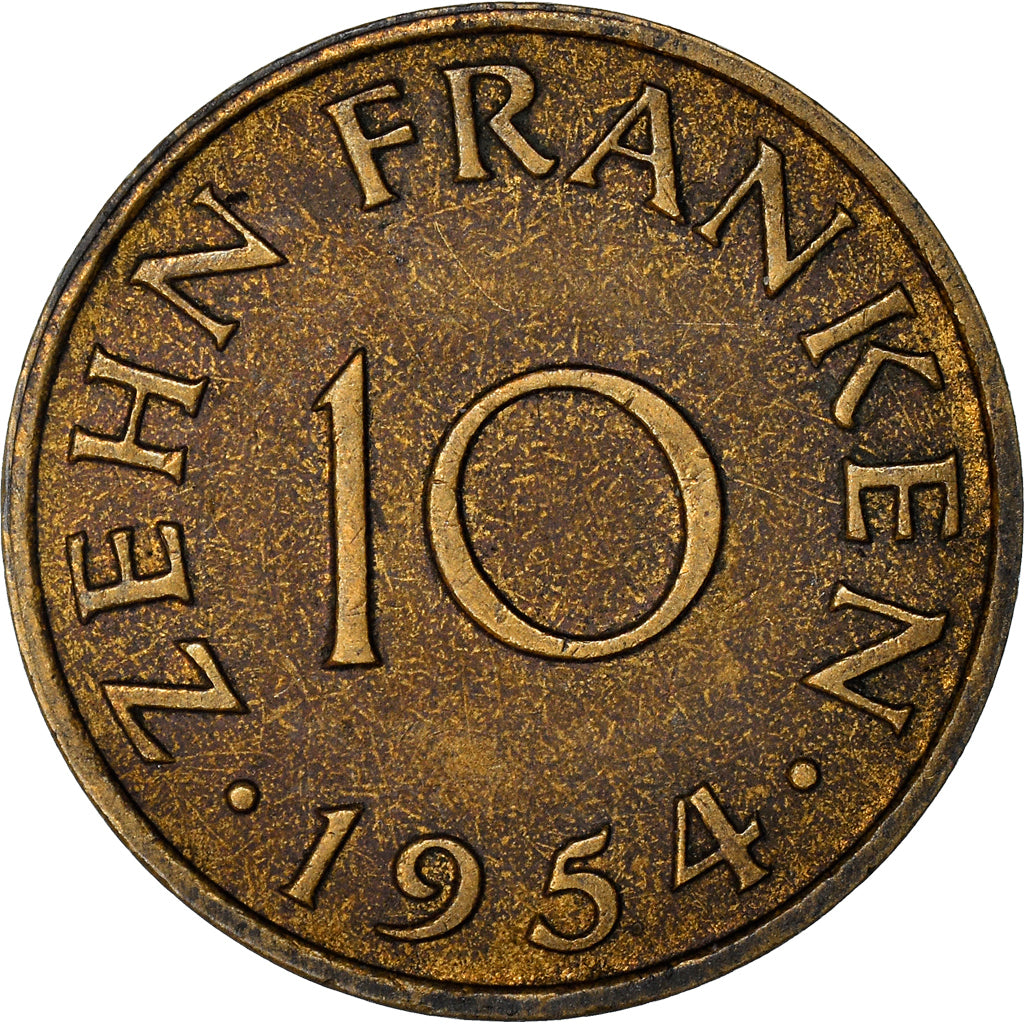 Coin, SAARLAND, 10 Franken, 1954, Paris, EF(40-45), Aluminum-Bronze, KM:1