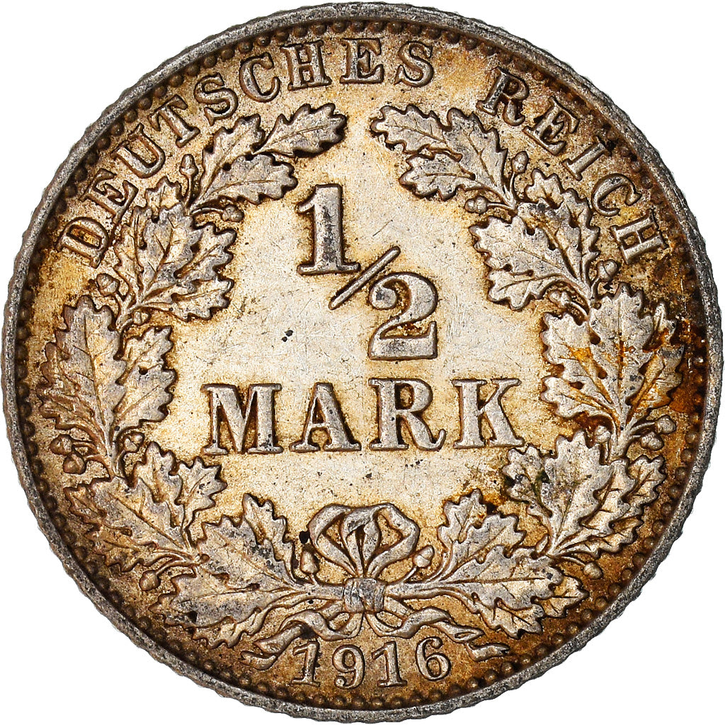 Coin, GERMANY - EMPIRE, 1/2 Mark, 1916, Muldenhütten, EF(40-45), Silver, KM:17