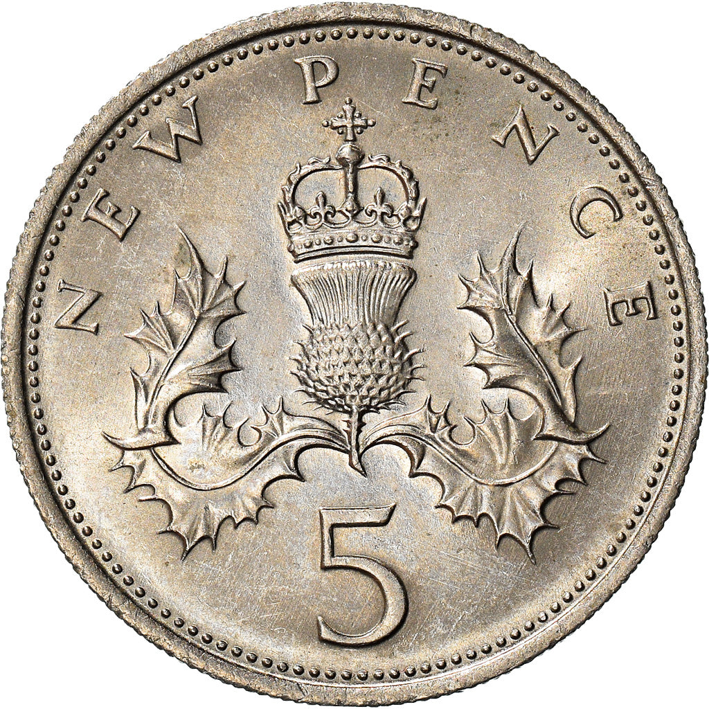 Coin, Great Britain, Elizabeth II, 5 New Pence, 1970, AU(55-58), Copper-nickel