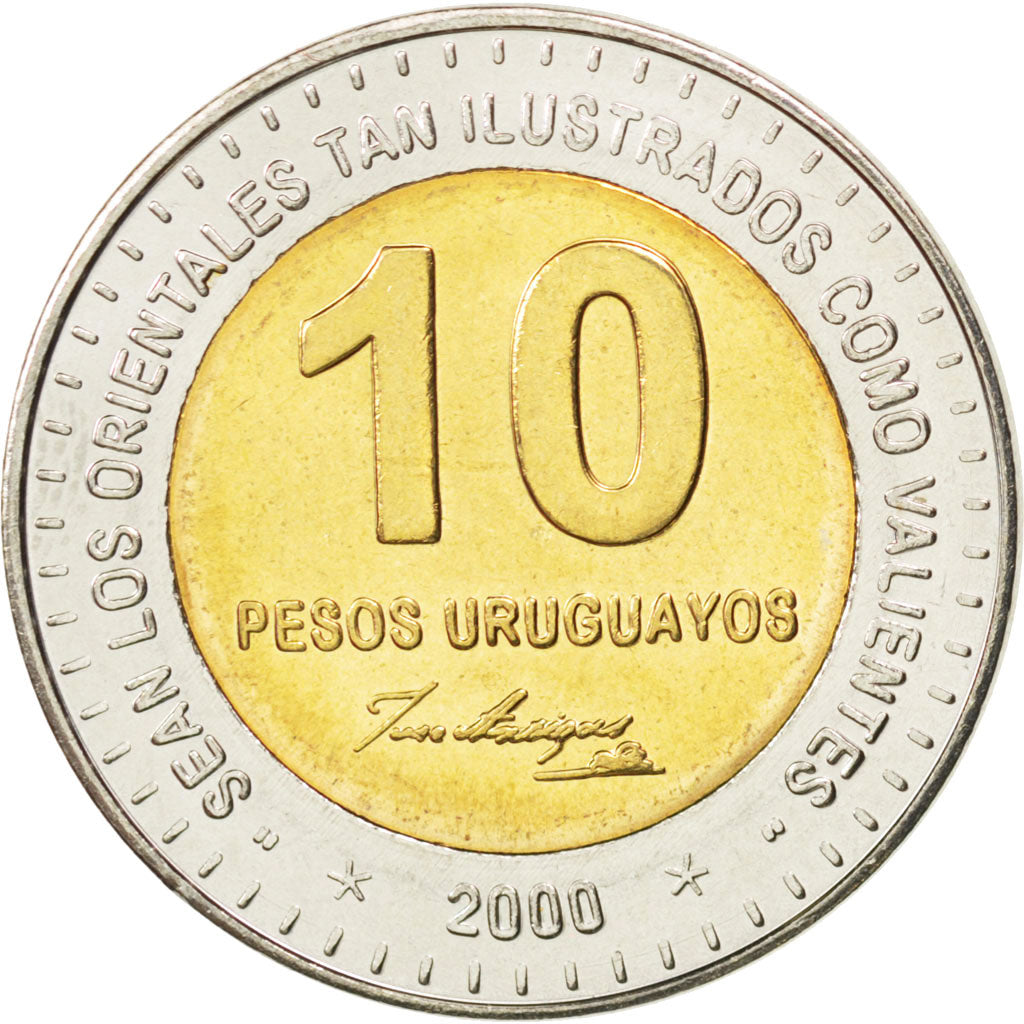 Moneda, Uruguay, 10 Pesos Uruguayos, 2000, SC, Bimetálico, KM:121