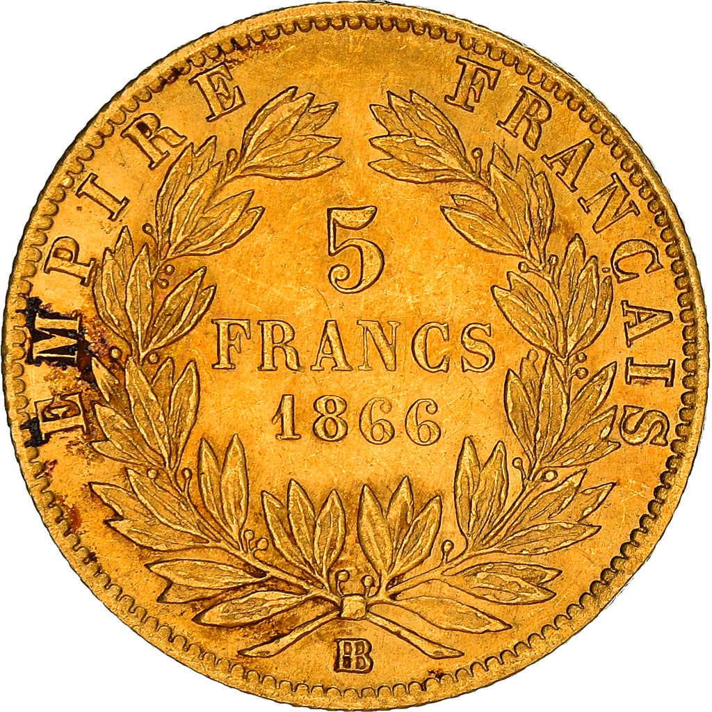 Coin, France, Napoleon III, 5 Francs, 1866, Strasbourg, EF(40-45), Gold