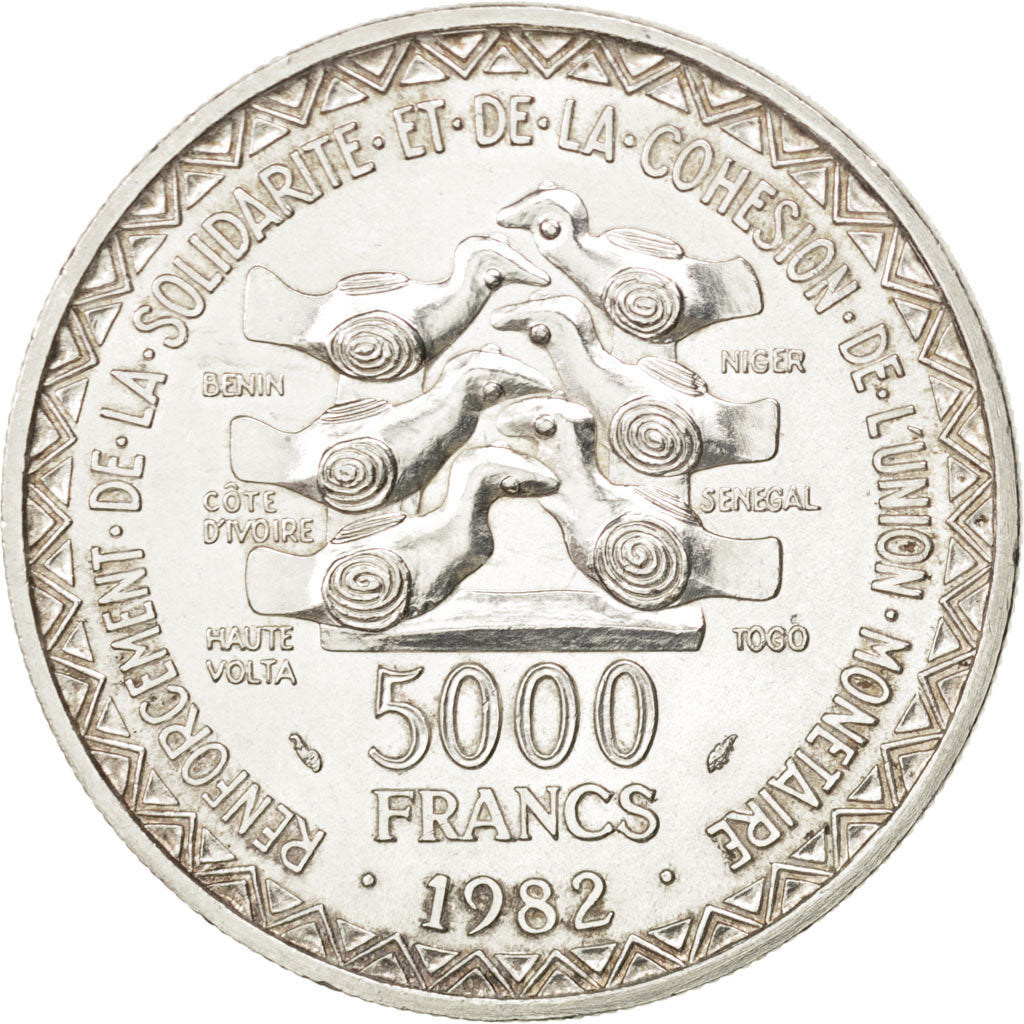 West African States, 5000 Francs, 1982, KM #11, MS(63), Silver, 24.87