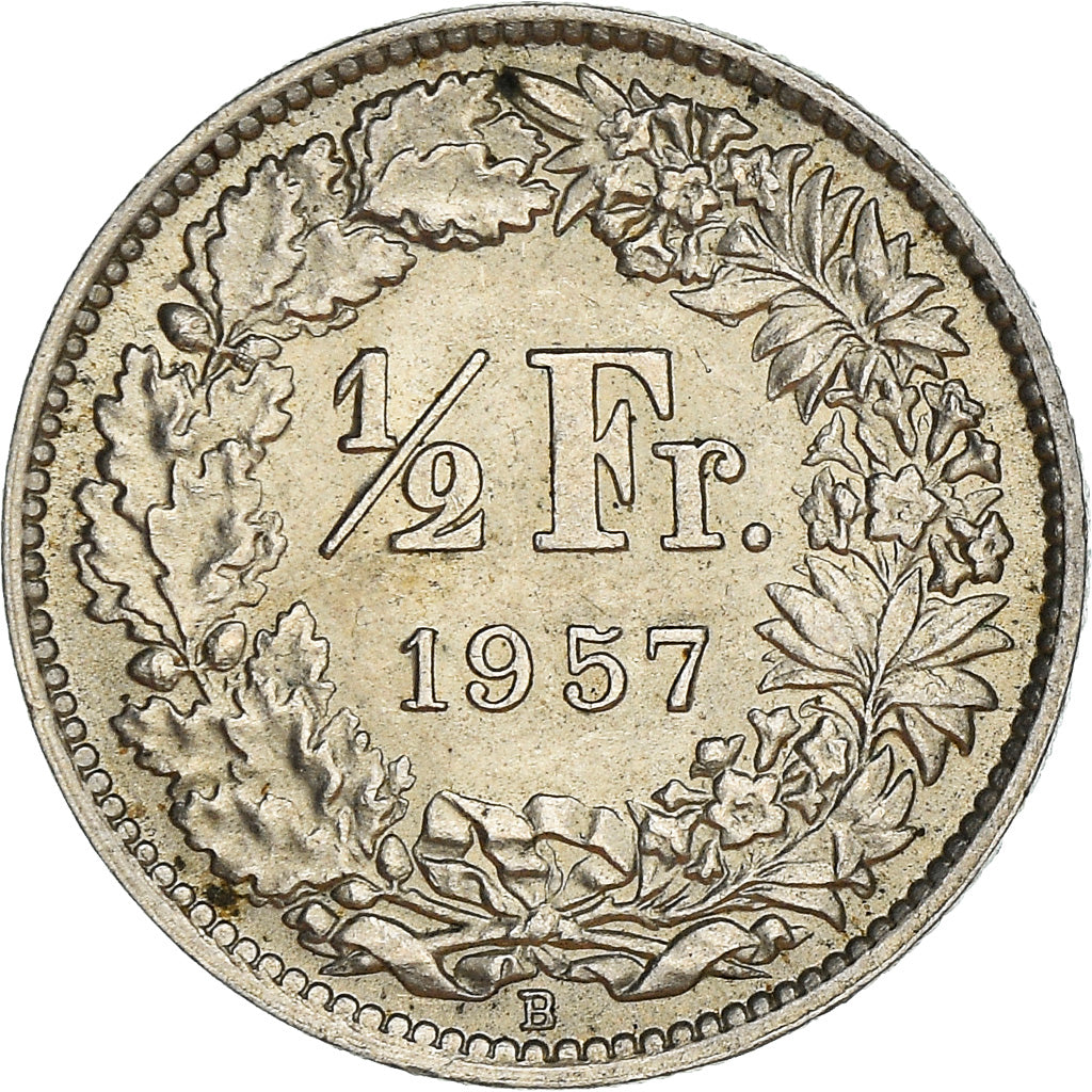 Coin, Switzerland, 1/2 Franc, 1957, Bern, MS(60-62), Silver, KM:23