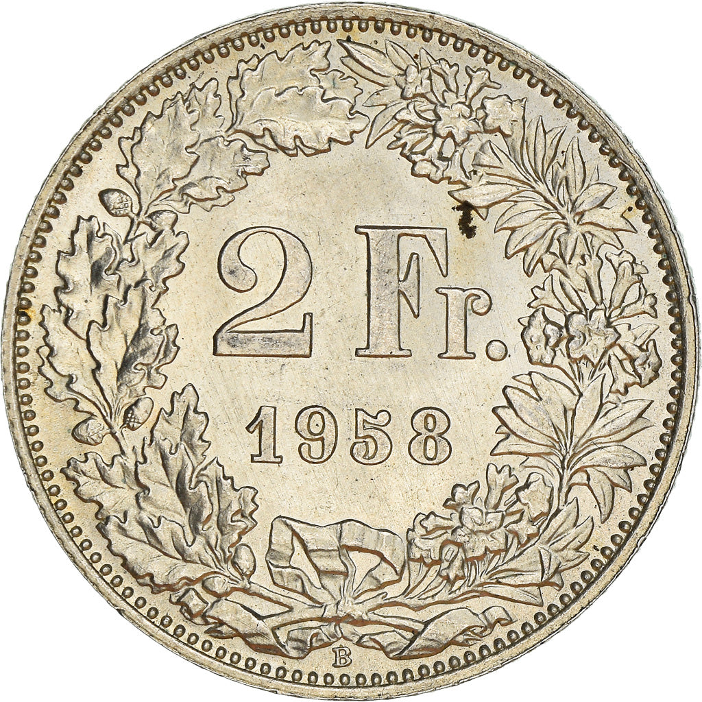 Coin, Switzerland, 2 Francs, 1958, Bern, MS(63), Silver, KM:21