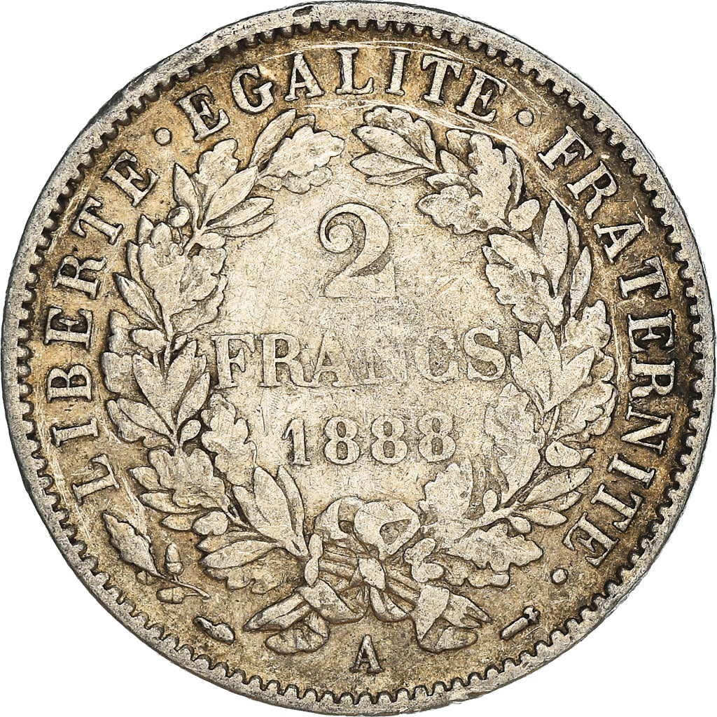 Coin, France, Cérès, 2 Francs, 1888, Paris, VF(20-25), Silver, KM:817.1