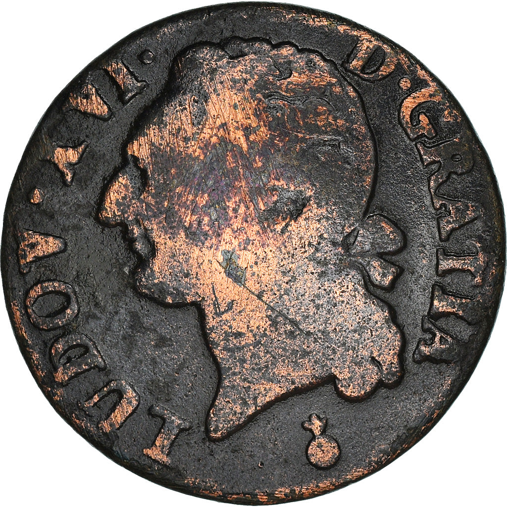 Monnaie, France, Louis XVI, 1/2 Sol à l'Ecu, 1784, Metz, B+, Cuivre