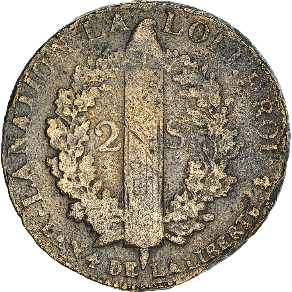 Moneta, Francja, Louis XVI, 2 Sols, 1792, Paris, VF(30-35), Brązowy, Gadoury:25