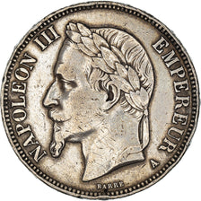 Moneda, Francia, Napoleon III, 5 Francs, 1869, Paris, BC+, Plata, KM:799.1