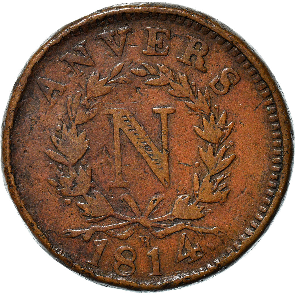 Moeda, França, 10 Centimes, 1814, Anvers, VF(20-25), Bronze, Gadoury:191d
