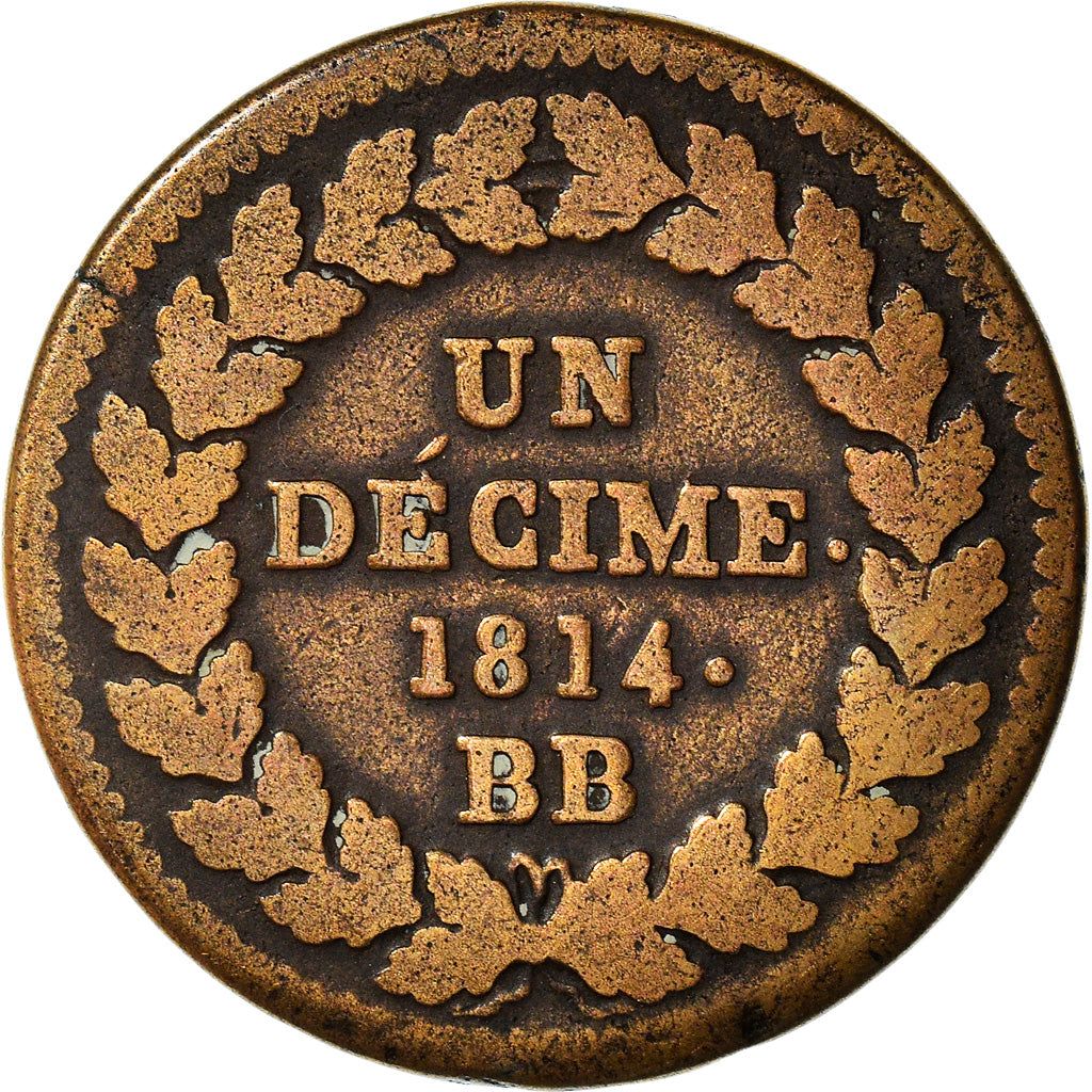 Coin, France, Napoleon I, Decime, 1814, Strasbourg, VF(20-25), Bronze