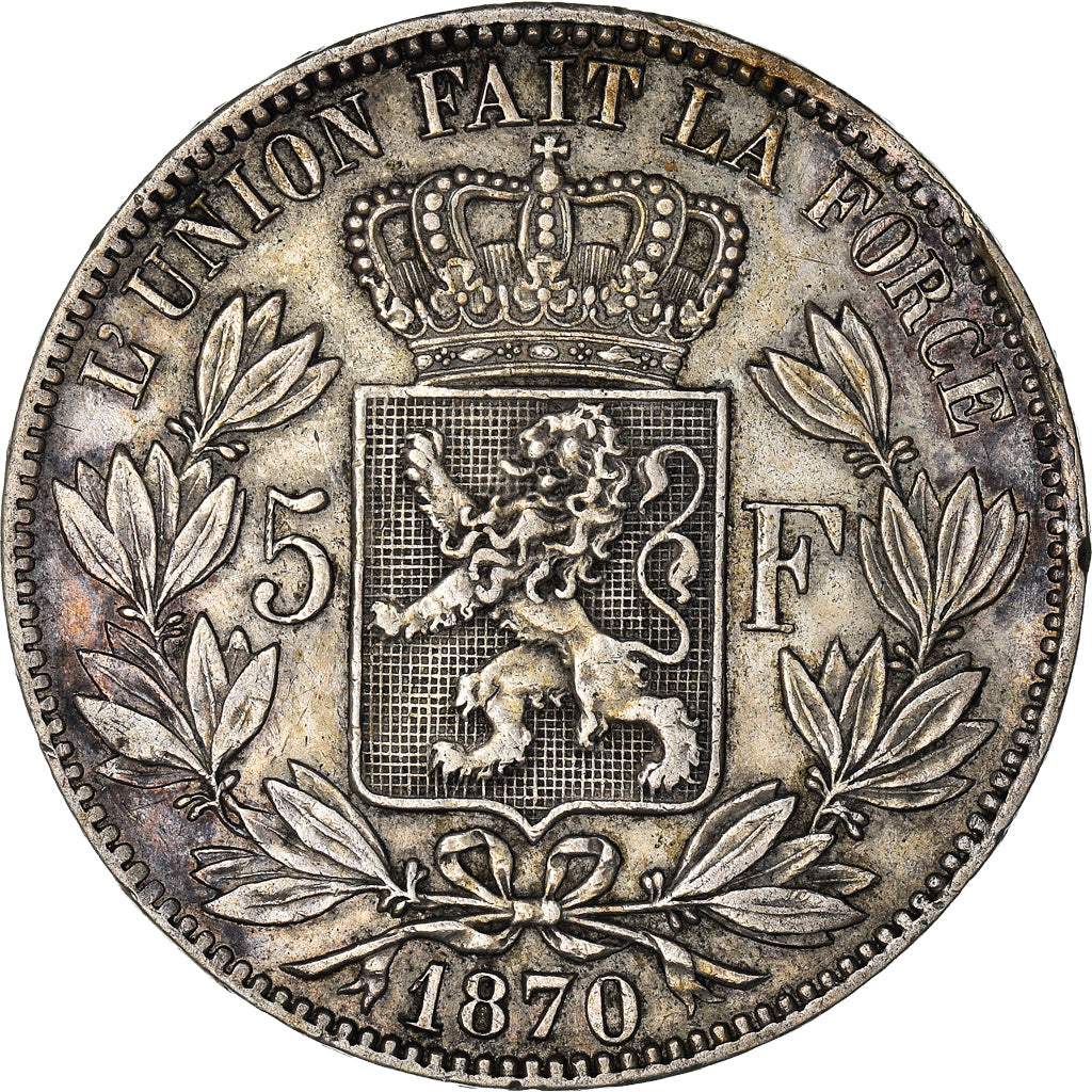 Coin, Belgium, Leopold II, 5 Francs, 5 Frank, 1870, Brussels, EF(40-45), Silver