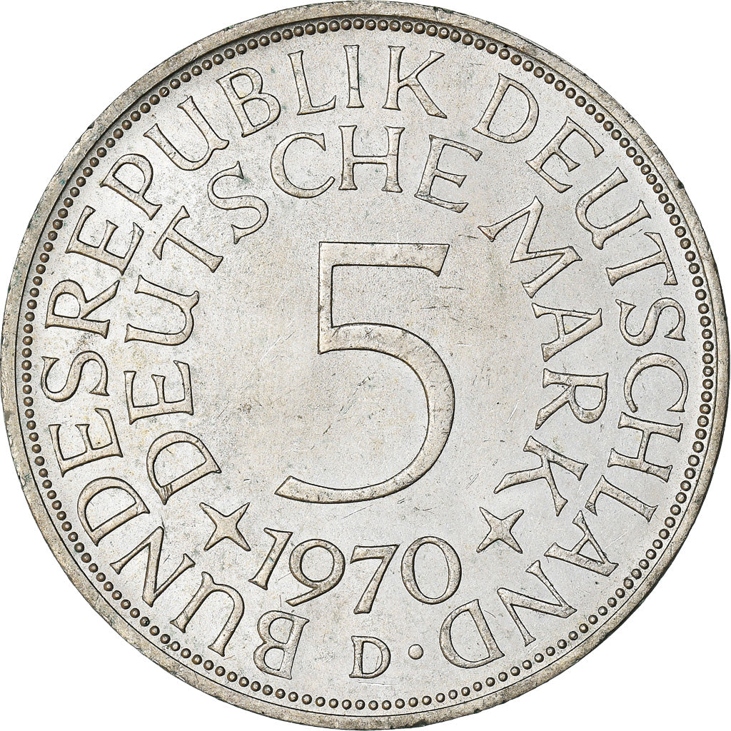 Moeda, ALEMANHA - REPÚBLICA FEDERAL, 5 Mark, 1970, Munich, MS(60-62), Prata