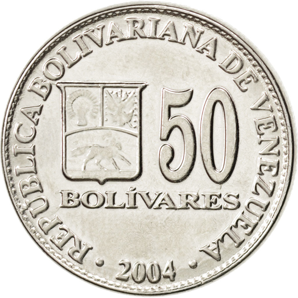VENEZUELA, 50 Bolivares, 2004, Maracay, KM #82, MS(63), Nickel Clad Steel, 23,..
