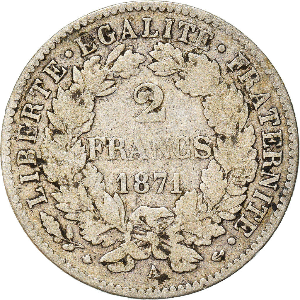 Coin, France, Cérès, 2 Francs, 1871, Paris, VF(20-25), Silver, KM:817.1