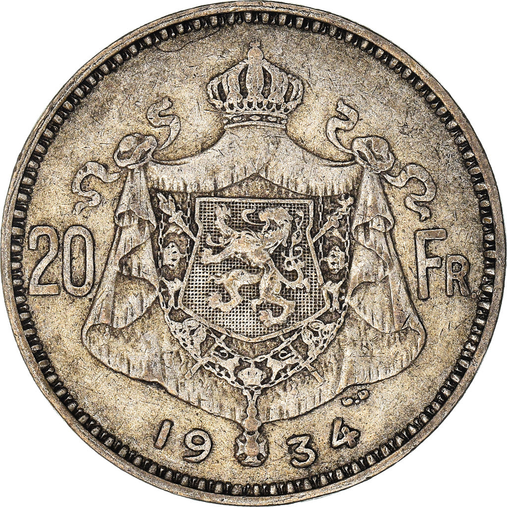 Coin, Belgium, 20 Francs, 20 Frank, 1934, EF(40-45), Silver, KM:103.1
