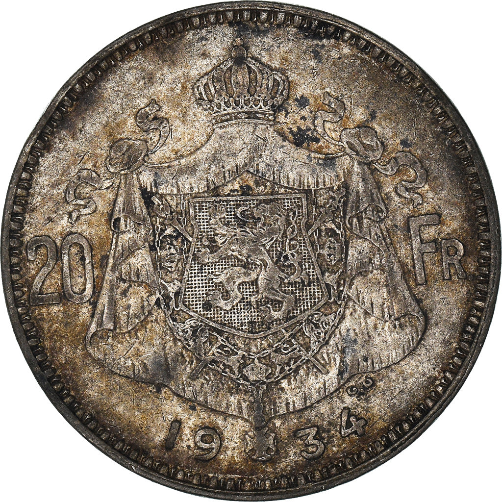 Coin, Belgium, 20 Francs, 20 Frank, 1934, VF(30-35), Silver, KM:104.1