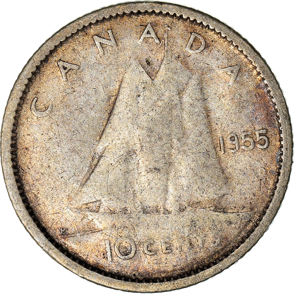Moneda, Canadá, Elizabeth II, 10 Cents, 1955, Royal Canadian Mint, Ottawa, BC+