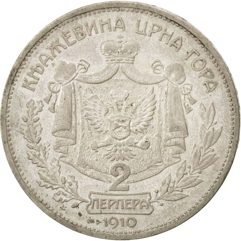 MONTENEGRO, 2 Perpera, 1910, KM #7, EF(40-45), Silver, 9.95