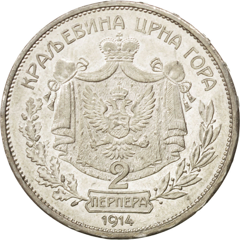MONTENEGRO, 2 Perpera, 1914, KM #20, MS(60-62), Silver, 9.99