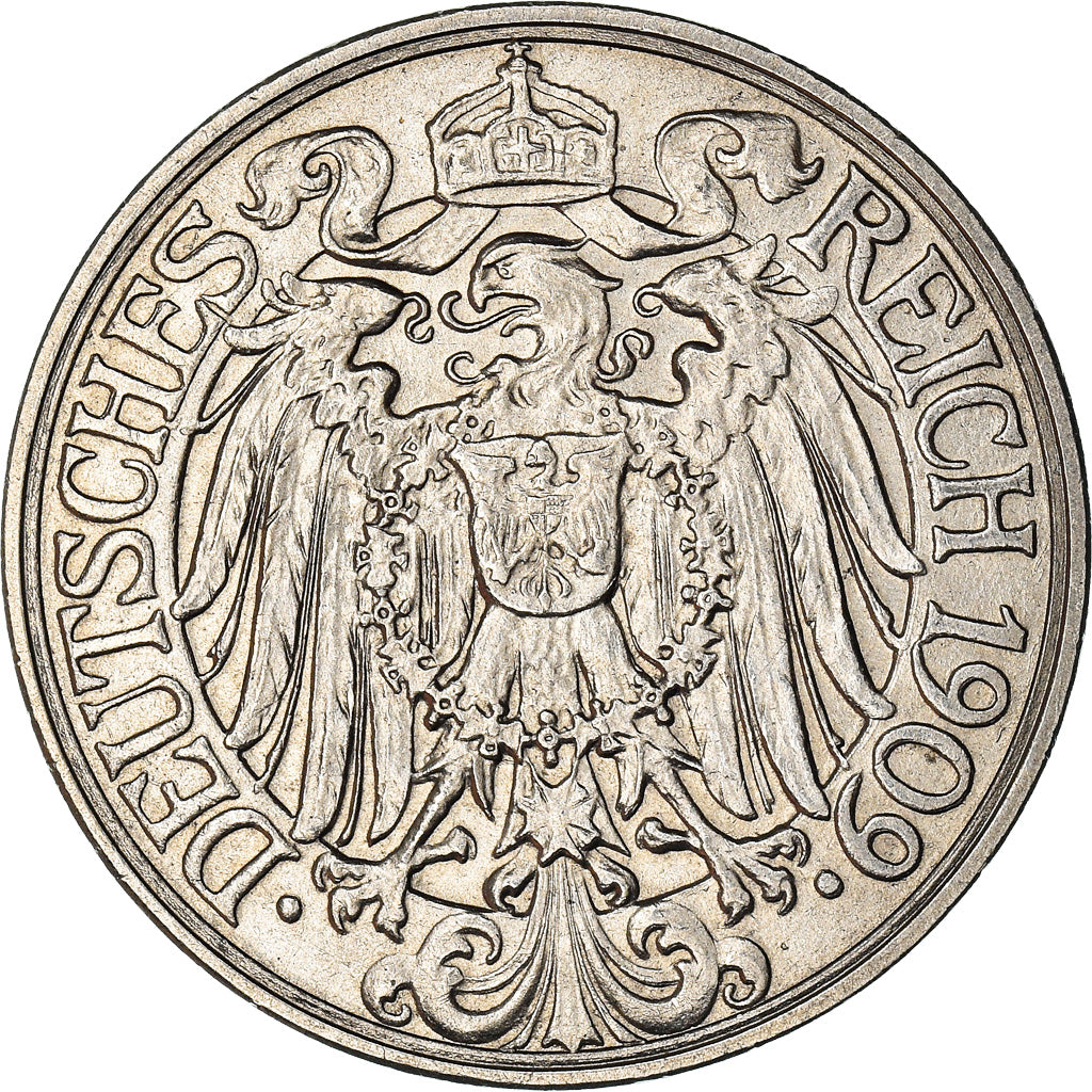 Coin, GERMANY - EMPIRE, Wilhelm II, 25 Pfennig, 1909, Karlsruhe, AU(55-58)