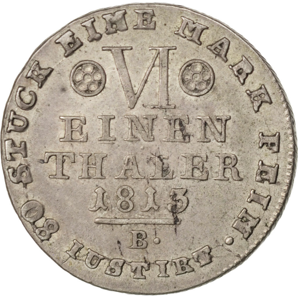 Coin, German States, WESTPHALIA, Jerome, 1/6 Thaler, Reichs, 1813, AU(55-58)